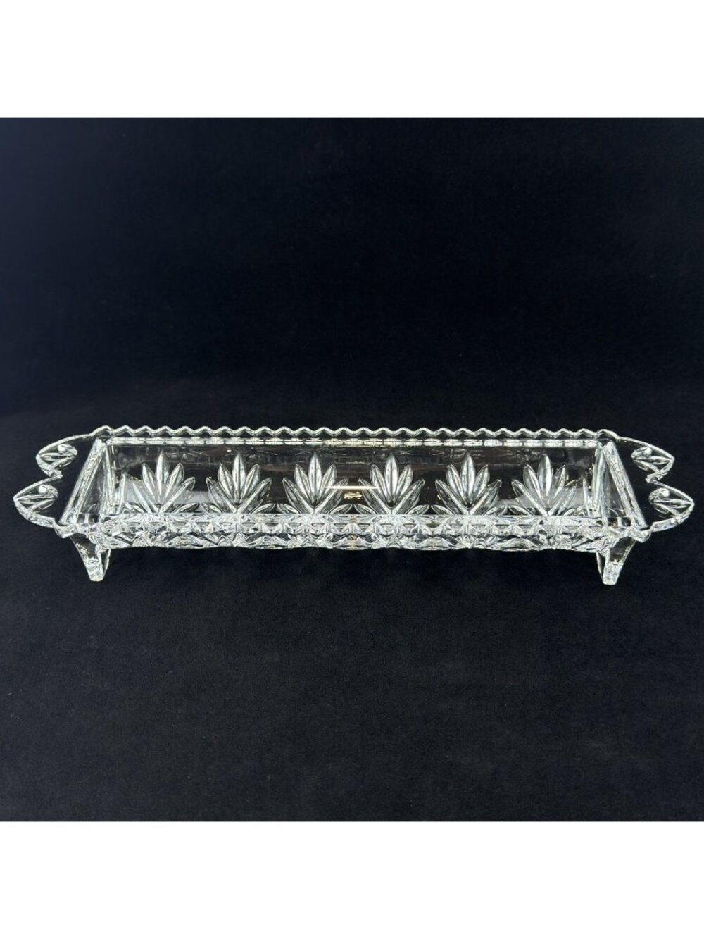 Vtg Pressed Glass Relish Celery Cracker Tray Footed Handled 11" Clear Serving